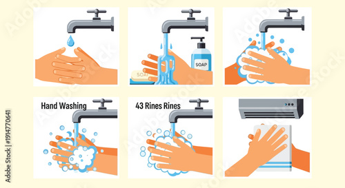 vector illustration of hand washing steps with faucet and soap dispenser