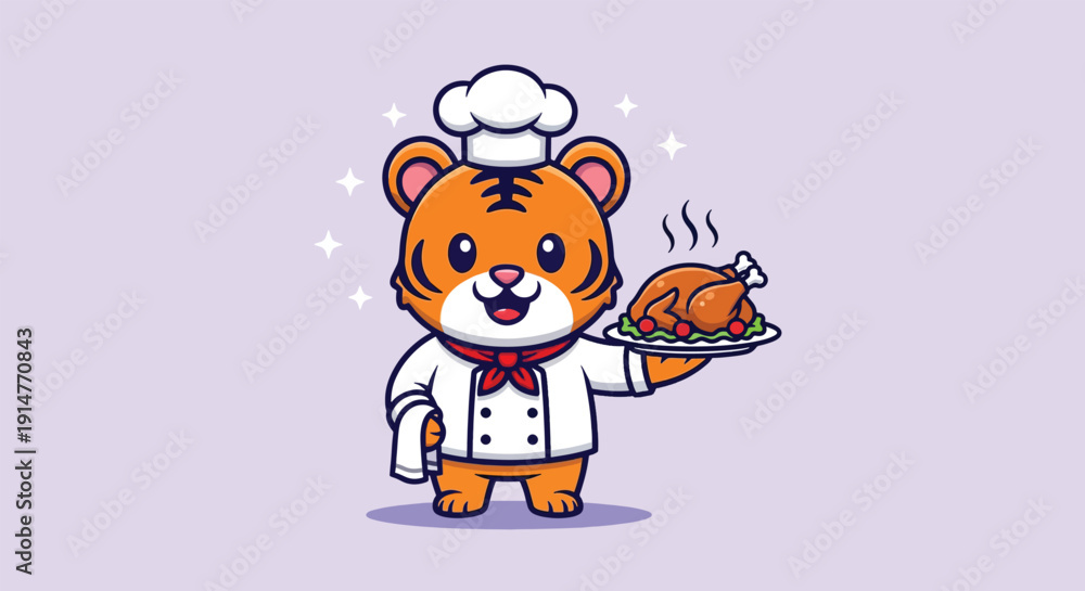 Obraz premium Cute Tiger Chef Holding Roasted Chicken Cartoon.