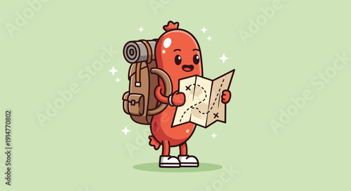 Cute Sausage Character with Backpack and Map.