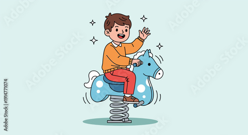 Happy Boy Riding Spring Horse Toy in Playground.