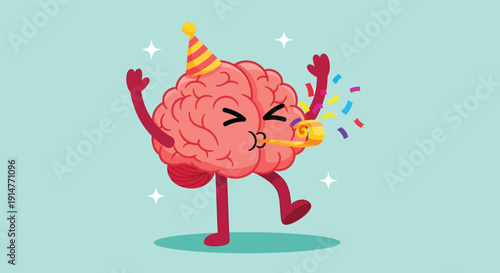 Happy Brain Celebrating with Party Hat and Blower.