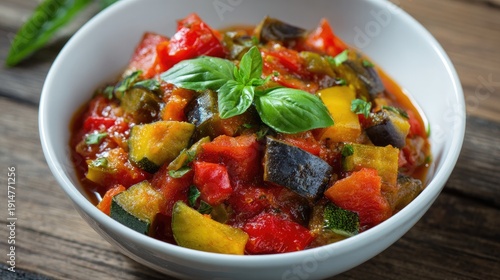 French ratatouille colorful vegetable stew in white bowl with fresh basil garnish rustic yet clean neutral background Popular dish