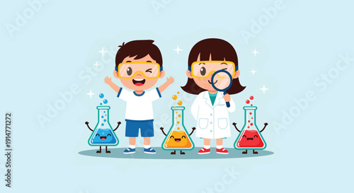 Happy Children Learning Science with Flasks and Magnifying Glass.