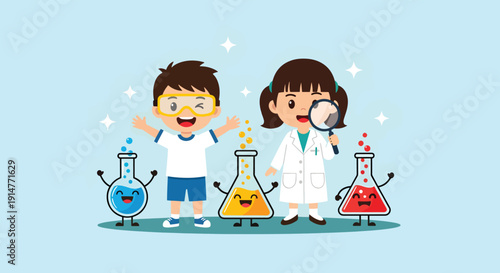 Two happy children a boy and a girl engaged in a science experiment with colorful beakers and liquids.