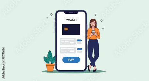 Woman using mobile wallet for online payment Vector illustration.