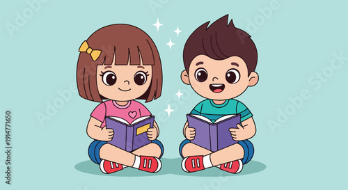 Two adorable children reading books together happy and engaged.