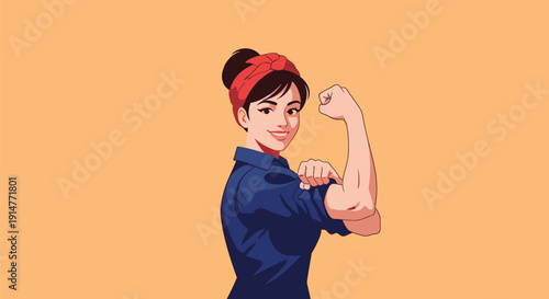 Iconic Rosie the Riveter Cartoon Illustration. Woman Flexing Muscle, symbolizing Female Empowerment, Strength, and the 'We Can Do It' spirit.