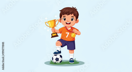 Young Boy Soccer Player Celebrating Victory with Trophy.