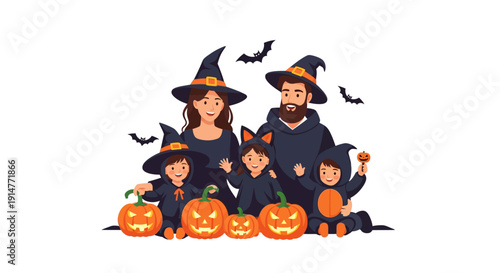 Happy Halloween Family in Costumes with Jack O Lanterns and Bats. Vector Illustration on White Background.