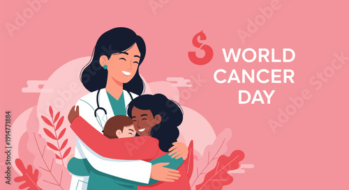 World Cancer Day Support Illustration: Doctor Hugging Patient and Family for Care and Hope Awareness