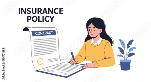 Woman Signing Insurance Policy Contract. Flat Vector Illustration of Agreement Paperwork and Financial Security Deal.