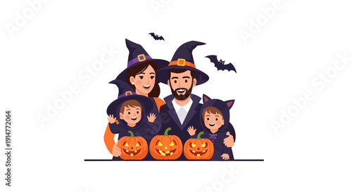 Happy Halloween Family in Witch Costumes Vector Illustration. Parents, two children, and carved pumpkins celebrating the spooky holiday on a white background.