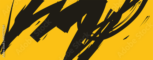 Abstract art piece with black brushstrokes on yellow background