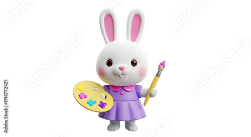3D Cartoon Bunny Artist with Palette and Paintbrush