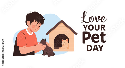 Illustration of a man and his dog on Love Your Pet Day with a doghouse in the background, conveying affection and companionship in a cute and colorful style.