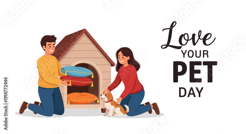 Illustration of a man and woman with their dog on Love Your Pet Day, with a doghouse in the background, conveying affection and companionship in a cute and colorful style.