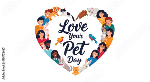 A colorful heart-shaped illustration featuring various pets and the text 'Love Your Pet Day' on a white background, symbolizing affection and companionship with cute animals.