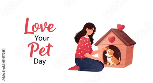Vector illustration of a woman showing affection to her dog on Love Your Pet Day with a doghouse in the background.