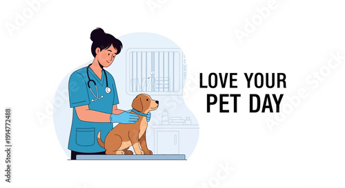 Illustration of a veterinarian checking a dog on Love Your Pet Day with a blue medical uniform and a cage in the background, conveying affection and companionship.