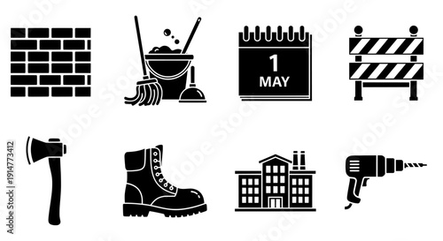 Set of construction and labor icons featuring May 1st calendar in minimalist black silhouette style