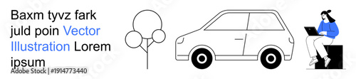 Remote work, transportation, environmental awareness, mobility, urban lifestyle, digital connection. Woman sitting with laptop, car and tree in outline style. Remote work and transportation concept
