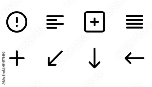 Set of minimalist interface icons displaying bold black strokes isolated on a white background
