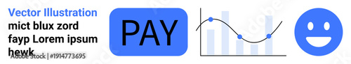 Financial analytics, payment processing, data visualization, customer satisfaction, fintech solutions, graph trends. Blue PAY icon, data chart and happy face. Financial analytics and customer