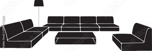 Black Sofa Sectional with Coffee Table and Floor Lamp in Line