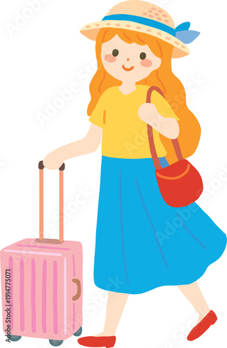 スーツケースを持つ女性の一人旅 手描きベクターイラスト