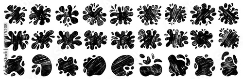Charcoal grunge textured blobs, splash and blot. Black urban wall design stickers, frames with amoeba shape and paint stain. Fluid text boxes for promo. Vector spot distressed urban street graffiti.