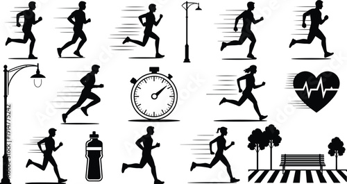 Black silhouettes of male and female runners with fitness icons including stopwatch, heart rate, and park elements isolated on white.