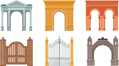 Architectural arch gate vector illustration set, classical entrance collection, historic monument doorway icons, vintage architecture isolated background design