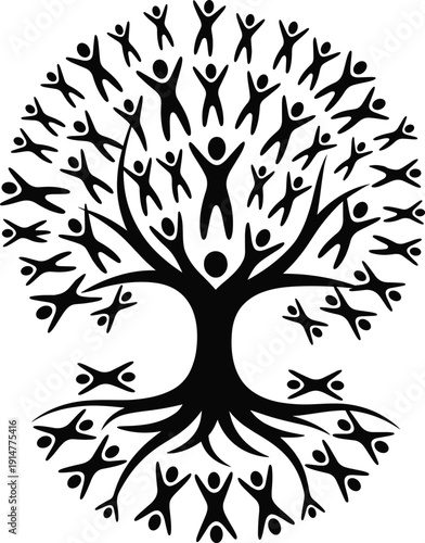 Black silhouette of a tree of life made of human figures representing community, family genealogy, teamwork, and social unity.