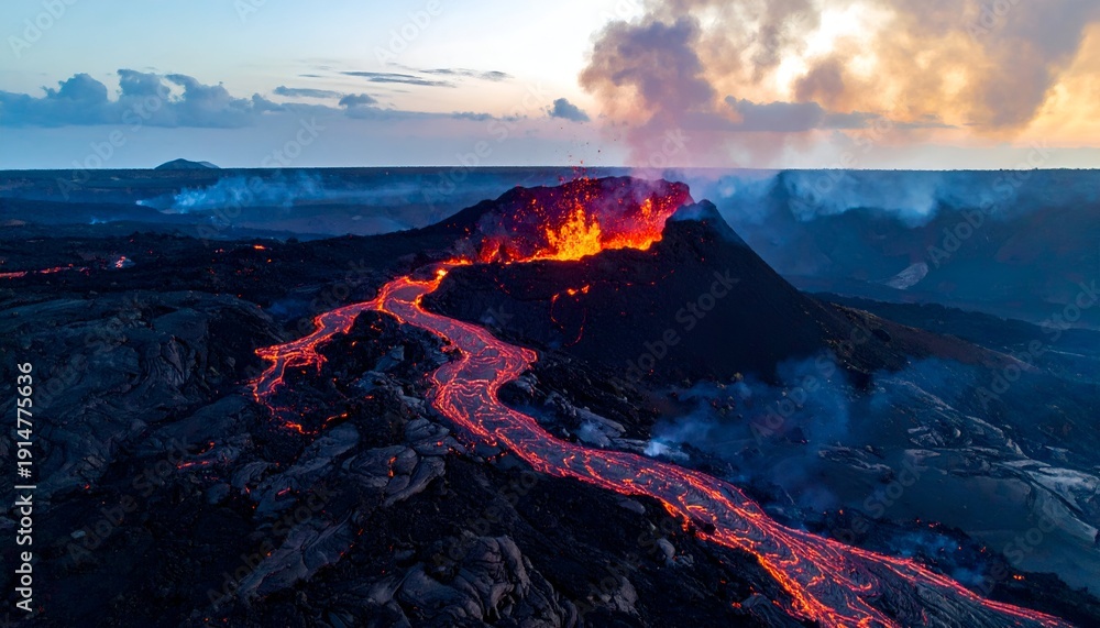 Naklejka premium Erupting volcano spews molten lava river at dusk