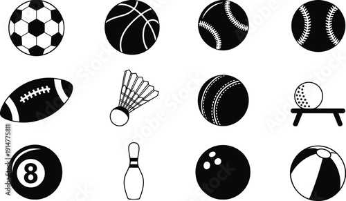 Collection of black sports ball icons including soccer, basketball, baseball, football, bowling, and pool isolated on a white background vector.