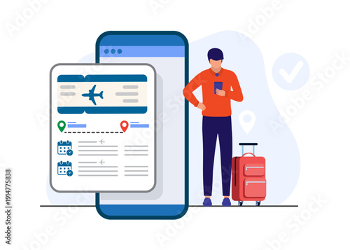 Man checking digital flight ticket on smartphone stock illustration.