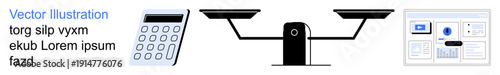 Business analysis, financial calculations, technology tools, decision-making, productivity, scale comparison. Image features a calculator, weighing scale and digital interface. Financial