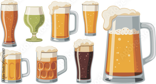 Beer glasses vector set, craft lager ale mug collection, alcohol beverage illustration isolated transparent background design template