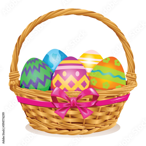 Brightly patterned easter egg in a wicker basket with a pink ribbon and bow. Vector cartoon illustration