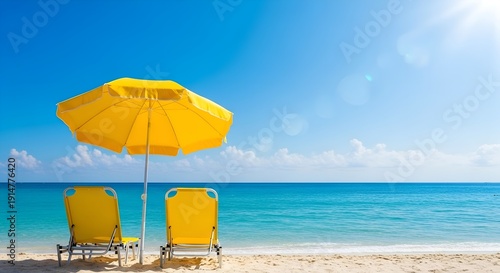 Two yellow chairs under a yellow umbrella on a sunny beach with blue ocean.