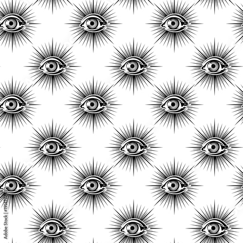 All Seeing Eye Seamless Pattern - A seamless pattern depicting multiple all-seeing eyes with radiating light, in black and white.