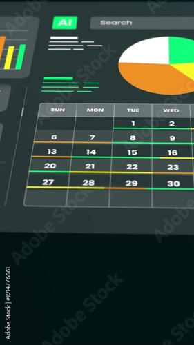 Close up of a digital interface featuring a business calendar alongside colorful data pie charts and user metrics.