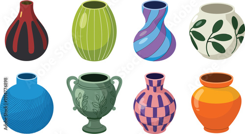 Ceramic vase vector collection, colorful decorative pottery jars set, modern home decor illustration isolated bundle pack template design