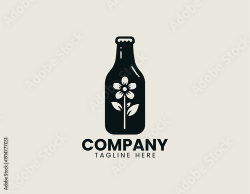 Black vector logo depicting a stylized glass bottle with a single flower growing from the opening