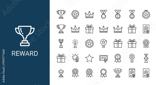 Collection of linear icons representing awards gifts and recognition symbols