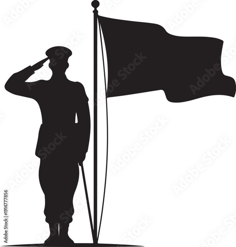 Silhouette of a soldier saluting a black flag military