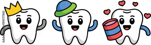 Cute tooth mascot vector illustration set, dental cartoon character collection, dentist healthcare icons, isolated background design concept medical
