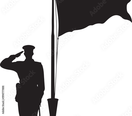 Silhouette of a soldier saluting a black flag on a pole