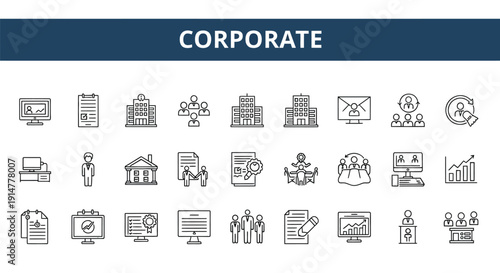 Corporate icons set business finance and office related illustrations
