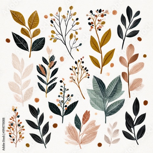 Nature-inspired motifs featuring leaves and branches isolated on white background